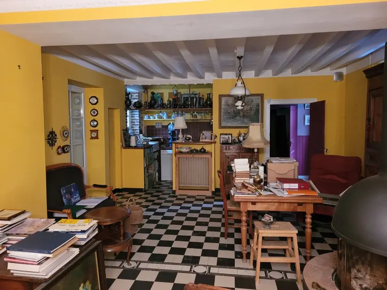 Le salon avant les travaux, murs jaunes, meubles et livres partout
